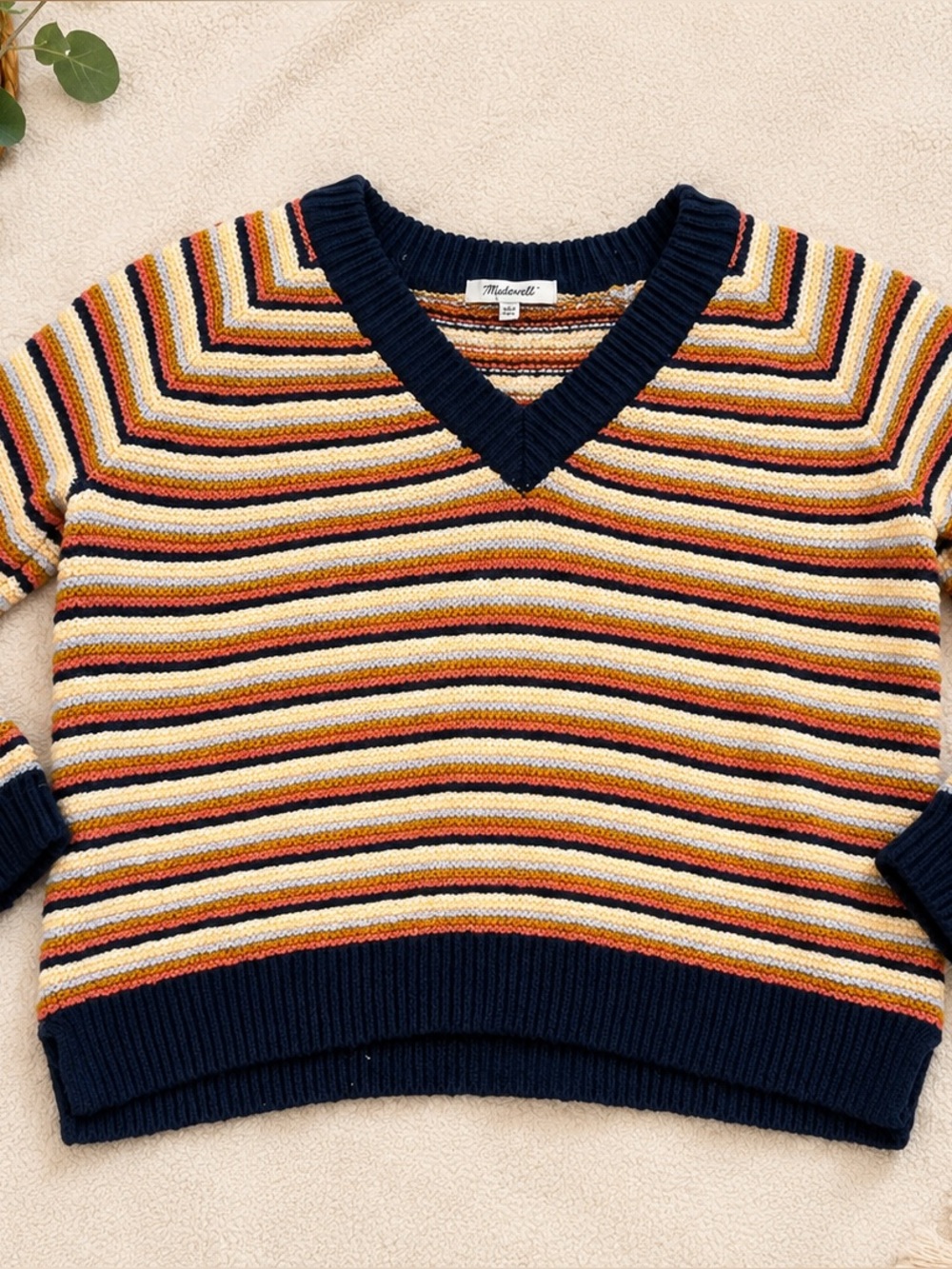Madewell Navy, Cream & Mustard Striped V‑Neck Sweater XXS